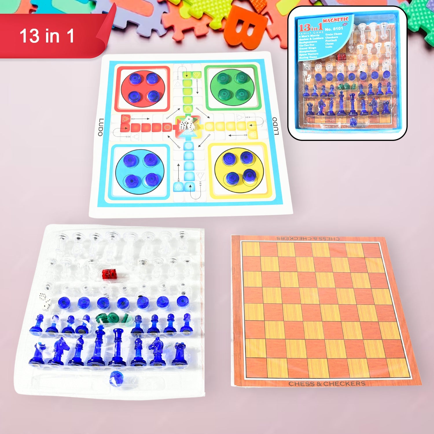 13 in 1 Family Board Game Chess, Snakes & Ladders, Ludo, Tic-Tac-Toe, Checkers, Travel Bingo, Football, Space Venture, Steeplechase Set for Kids 13 in 1 Family Board Game Chess, Snakes & Ladders, Ludo, Tic-Tac-Toe, Checkers, Travel Bingo, Football, Space Venture, Steeplechase Set for Kids